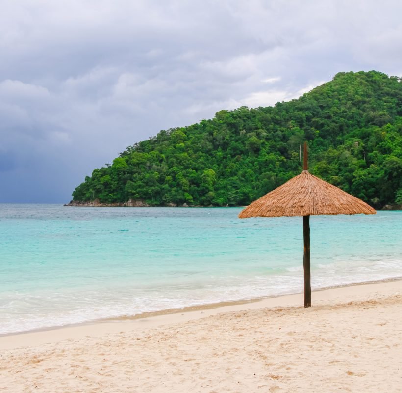 Vacation in tropical countries. Beach chairs, umbrella and palms on the beach - Boost up color Processing.